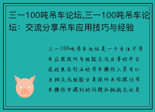 三一100吨吊车论坛,三一100吨吊车论坛：交流分享吊车应用技巧与经验
